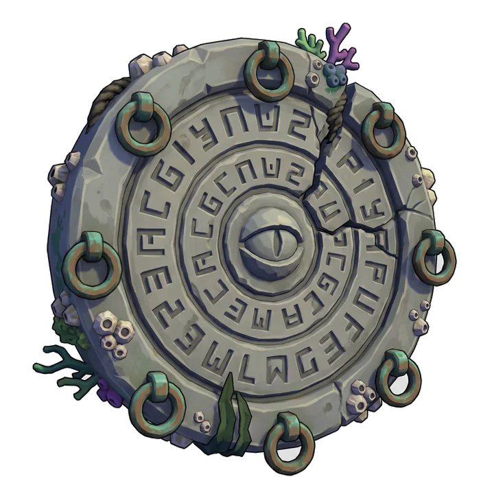 Concept: the Drowned Door, a carved stone disc ringed with runes