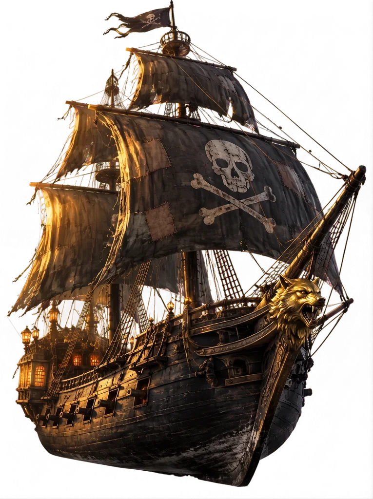 The Sea-Wolf, a black-sailed galleon with a wolf figurehead